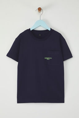 Lacivert Unisex %100 Pamuk Slogan Bask?l? K?sa Kol Orme T-Shirt TKDSS25TS00098