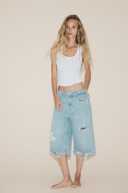 LOW-RISE RIPPED TRF DENIM JORTS BERMUDA SHORTS