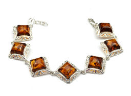 Браслет с янтарем С925 ромб 21мм цв.коньячный, 19,5см, 15,3г