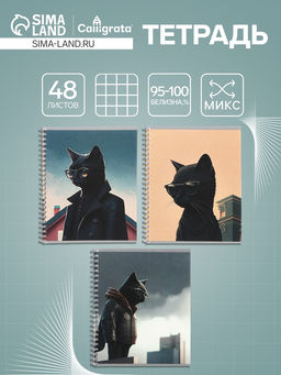 Цена за 4 шт. Тетрадь 48 листов в клетку на гребне, Calligrata «Чёрный Кот», МИКС