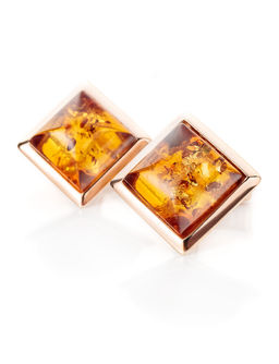 Классические позолоченные запонки с натуральным янтарём Квадрат