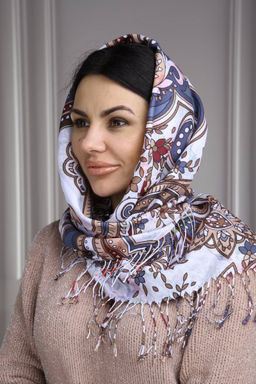 Платок на голову, с цветами и кистями MAGROM, белый, 105 х 105 см, из 100% пашмины