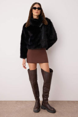Siyah Oversize Kal?p Kurk Biker Ceket Mont TWOAW26MO00058
