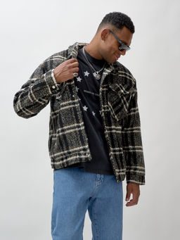 Куртка рубашка шерстяная в клетку мужская демисезонная черного цвета 58596Ch