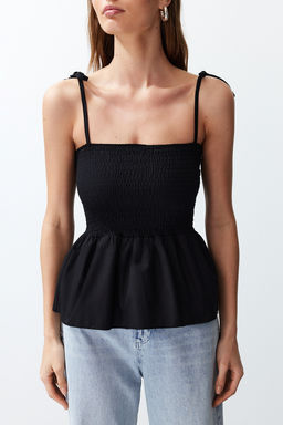 Siyah Pamuklu Poplin Detayl? Fitted Ask?l? Gipeli Esnek Orme Bluz TWOSS24BZ00393
