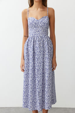 Mavi Cicek Desenli A Kesim Kalp Yaka Maxi Poplin Dokuma Elbise TWOSS24EL00700