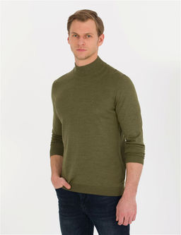 A__k Ye_il Slim Fit Yar_m Bal_k__ Yaka Y_n Kar___ml_ Basic Triko Kazak