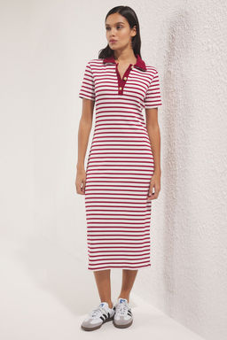 Bordo Cizgili Polo Yaka Midi Esnek Orme Elbise TWOSS25EL00360