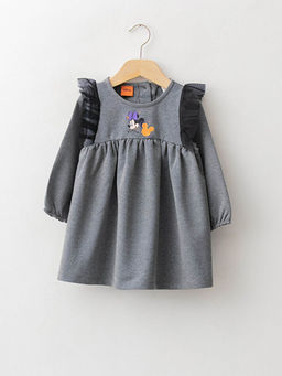 Bisiklet Yaka Uzun Kollu Minnie Mouse Bask?l? K?z Bebek Elbise