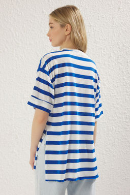 Mavi Cizgili Duble Kol Asimetrik Boyfriend Orme T-Shirt TWOSS20TS0828