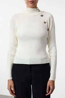 Ekru Dugme Dik Yaka Detayl? Ince Fitted/Vucudu Saran Triko Kazak TWOAW25KZ00069 - Trendyolmilla фото 3