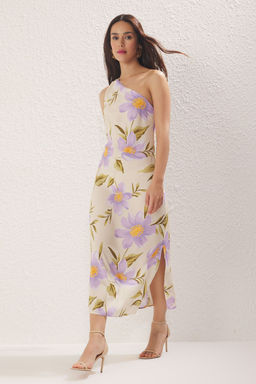 Lila Cicekli A Kesim Tek Kol Midi Dokuma Elbise TWOSS25EL00438