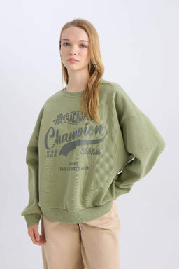 Женский крутой толстый свитшот оверсайз с широким кроем и круглым вырезом с принтом - Defacto фото 4