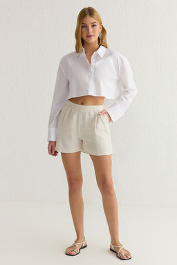 TRENDYOLMILLA Bej Keten Icerikli Arka Beli Lastikli Genis Paca Diz Boy Dokuma Sort & Bermuda TWOSS25SR00021 фото 5