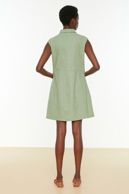 TRENDYOLMILLA Lacivert Duz Kesim Cepli Gomlek Yaka Keten Gorunumlu Mini Dokuma Elbise TWOSS22EL1068  фото 5