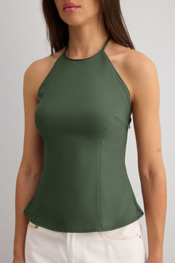 Trendyolmilla Ac?k Kahverengi Pamuklu Gabardin Halter Yaka Fitted Bedene Oturan Dokuma Bluz TWOSS25BZ00536  фото 4
