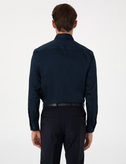 Lacivert %100 Pamuk Parlak Saten Slim Fit Uzun Kollu Basic G_mlek