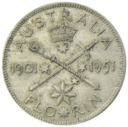 1 флорин (2 шиллинга) 1951 года Австралия  50 лет Федерации