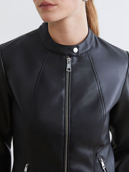 Bisiklet Yaka Kad?n Deri G?r?n?ml? Ceket