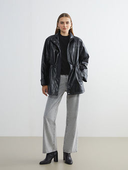 Dik Yaka Oversize Kad?n Deri G?r?n?ml? Mont