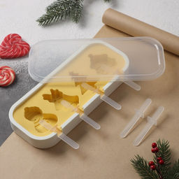 Форма для мороженого с крышкой Доляна Новый год, силикон, 24?10?3 см, 4 ячейки, с палочками, жёлтая