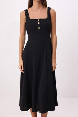 Siyah Belden Ac?lan Kare Yaka Kal?n Ask?l? Kolsuz Krep Orme Elbise TWOSS26EL00464