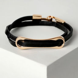 Браслет кожа «Шаман» пластина, чёрный в розовом золоте, 35.5 см