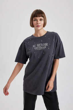 Футболка оверсайз с круглым вырезом и принтом из чесаного хлопка с короткими рукавами - Defacto фото 4