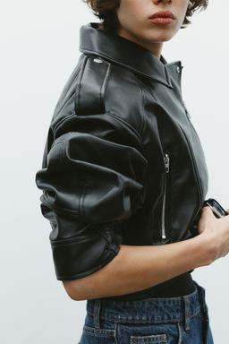 LEATHER EFFECT CROPPED BIKER JACKET
