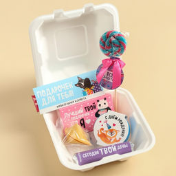 Подарочный набор С днём рождения в бенто коробке: леденец со вкусом грейпфрут-гуава 15 г., леденецы в тубусе мульти 32 г., жевательная резинка 15 г., молочный шоколад 27 г., печенье с предсказанием 6 г., жевательная конфета 10 г. - Фабрика счастья фото 2