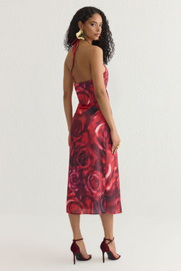 Cok Renkli Cicek Desenli Dokuma Midi Abiye Gece Mezuniyet Elbisesi TPRSS25EL00106 - Trendyolmilla фото 5