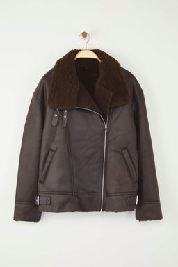 Vizon Regular Kal?p Yakas? Kemer Detayl? Peluslu Suet Biker Ceket Mont TWOAW25MO00011 - Trendyolmilla фото 18