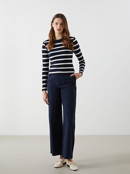 Standart Fit D?z Keten Kar???ml? Kad?n Pantolon