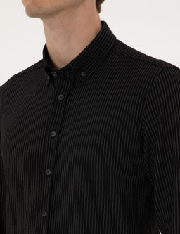 Siyah _izgi Bask_l_ Slim Fit Uzun Kollu G_mlek