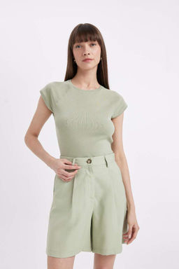 Базовая футболка в рубчик с короткими рукавами приталенного кроя с круглым вырезом - Defacto фото 3