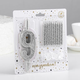 Набор свечей Цифра 9 + классические, серебро, 10 см