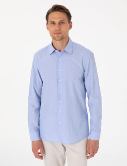 A__k Mavi Slim Fit _izgili Uzun Kollu G_mlek