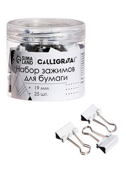 Цена за 12 шт. Набор зажимов для бумаг белых 19 мм 25 штук, в пластиковой тубе, TOP Calligrata