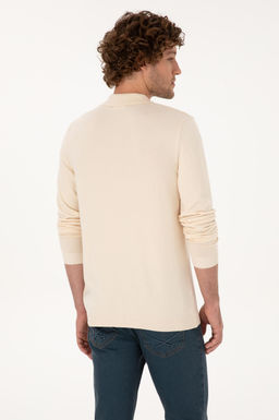 Erkek Slim Fit Yar_m Fermuarl_ Polo Yaka Krem Kazak