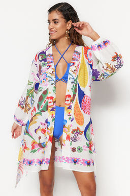 Cicek Desenli Kusakl? Mini Dokuma Balon Kollu %100 Pamuklu Plaj Kimono&Kaftan TBESS22KM0022