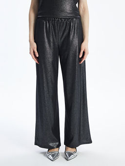 Beli Lastikli D?z Geni? Pa?a Kad?n Metalik Pantolon