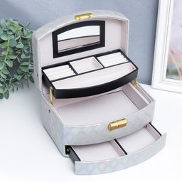 Шкатулка кожзам для украшений сундук Сеть из ромбов. Сливочный перламутр 13х16х23 см - Simaland фото 8