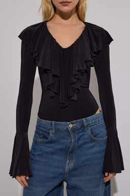 Siyah Duz V Yaka Uzun Orme Sandy Body TPRAW26BD00020 - Trendyolmilla фото 3