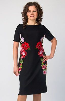 Стильное платье из черного эластичного трикотажа с шикарным рисунком