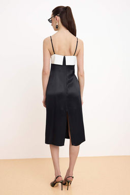 Siyah-Beyaz Renk Bloklu Saten Midi Dokuma Elbise TWOSS26EL00325 - Trendyolmilla фото 4