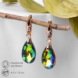 Серьги со стразами «Иллюзион» капля на овале, бело-бензиновые в розовом золоте