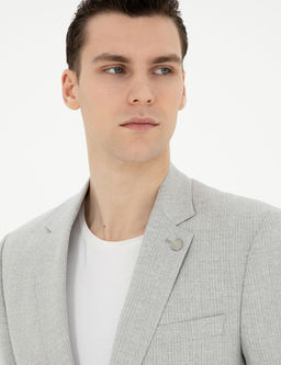 Gri Slim Fit Keten Kar___ml_ _izgili Tak_m Elbise