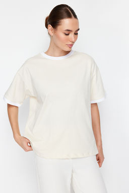 TRENDYOLMILLA Siyah %100 Pamuk Kontrast Yaka ve Serit Detayl? Oversize/Rahat Kesim Orme T-Shirt TWOSS24TS00052 фото 3