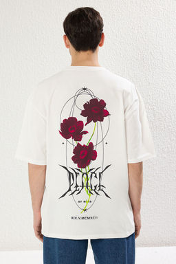 TRENDYOL MAN Ekru Oversize/Genis Kesim Cicek S?rt Bask?l? %100 Pamuk Duble Kol T-Shirt TMNSS25TS00112 - Trendyolmilla фото 3