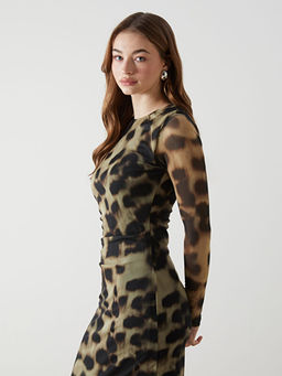 Bisiklet Yaka Leopar Desenli Elbise